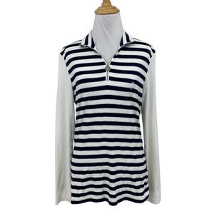 Golfino Shirt Womens 8 Navy White 1/2 Zip Pullover Long Sleeve Striped Contrast